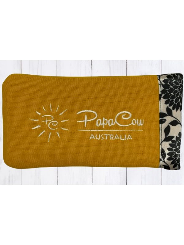Vibrant Yellow Phone/Glasses Case (Floral Trim, White Text, White Logo)