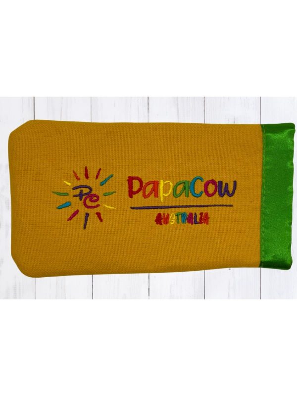 Vibrant Yellow Phone/Glasses Case (Green Trim, Rainbow Text, Rainbow Logo)
