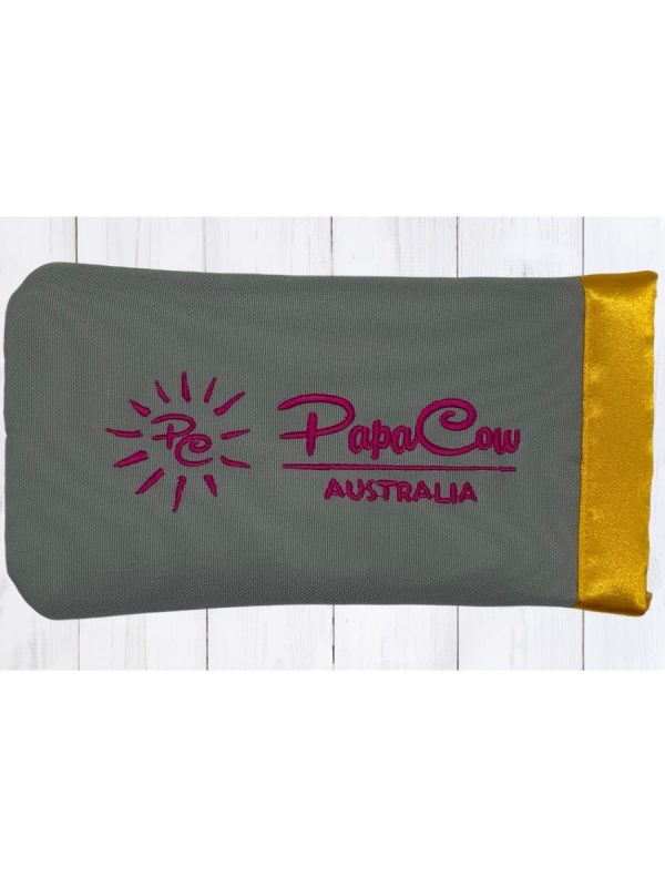 Dove Grey Phone/Glasses Case (Yellow Trim, Pink Text, Pink Logo)