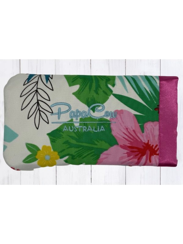 White Floral Phone/Glasses Case (Pink Trim, L. Blue Text)