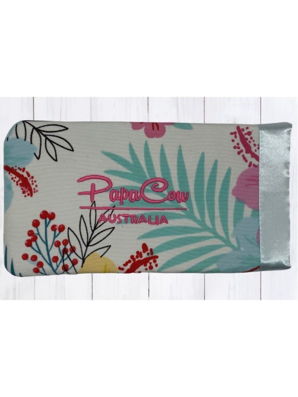 White Floral Phone/Glasses Case (L. Grey Trim, Pink Text)