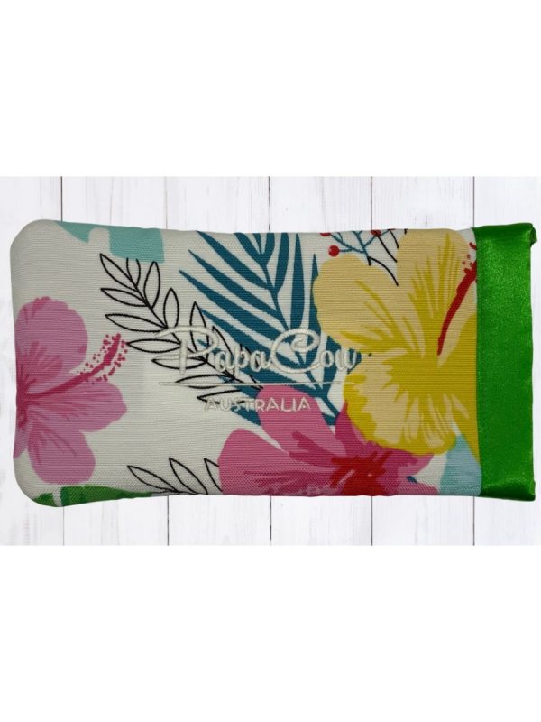 White Floral Phone/Glasses Case (L. Green Trim, White Text)