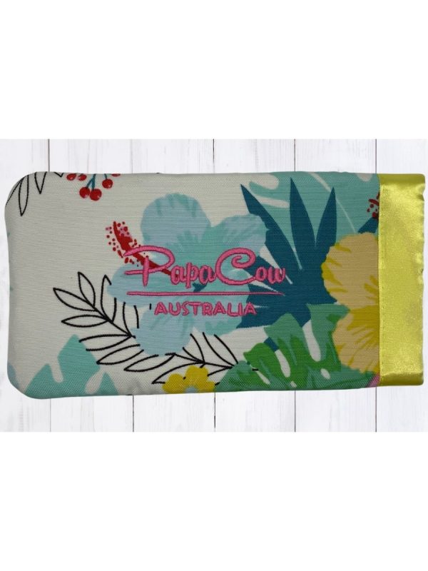 White Floral Phone/Glasses Case (Yellow Trim, Pink Text)