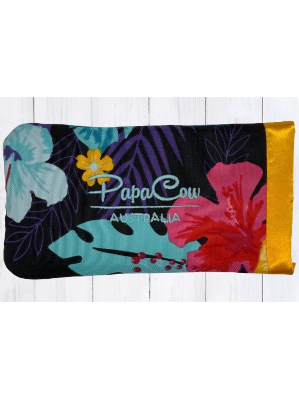 Black Floral Phone/Glasses Case (Yellow Trim, L. Blue Text)