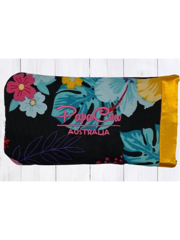 Black Floral Phone/Glasses Case (Yellow Trim, Pink Text)