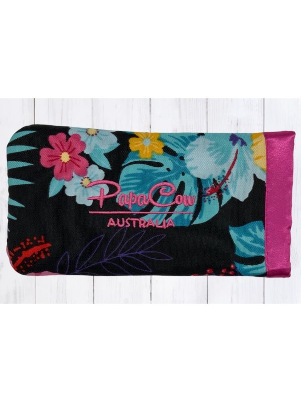 Black Floral Phone/Glasses Case (Pink Trim, Pink Text)