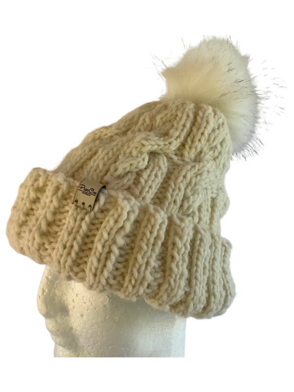 Ivory Cable Beanie with Faux Fur PomPom - Image 3