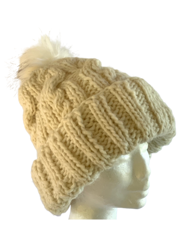 Ivory Cable Beanie with Faux Fur PomPom - Image 2