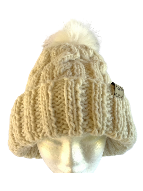 Ivory Cable Beanie with Faux Fur PomPom