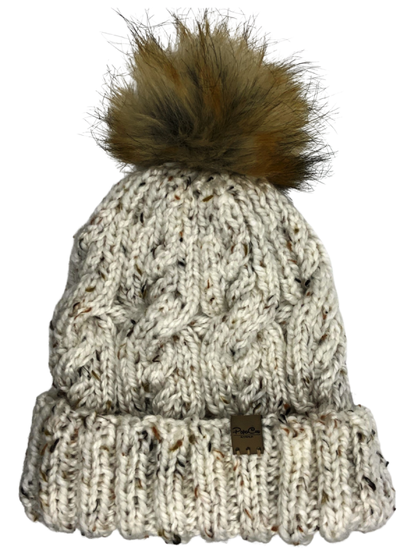 Sand Dollar Fleck Cable Beanie with Faux Fur Pom Pom - Image 2