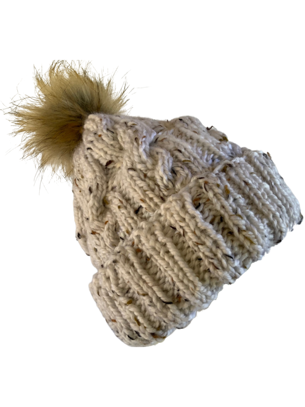 Sand Dollar Fleck Cable Beanie with Faux Fur Pom Pom
