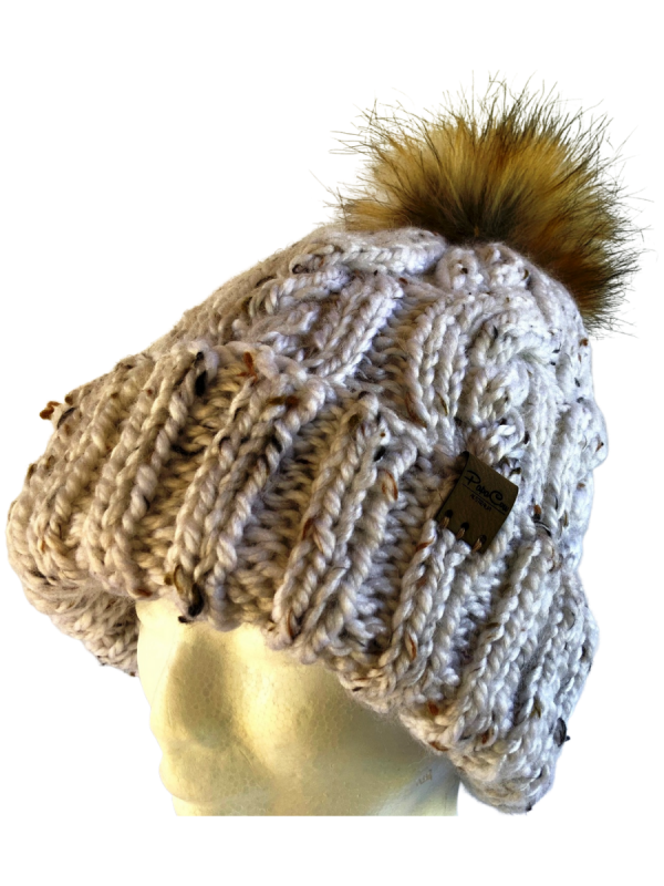 Sand Dollar Fleck Cable Beanie with Faux Fur Pom Pom - Image 3