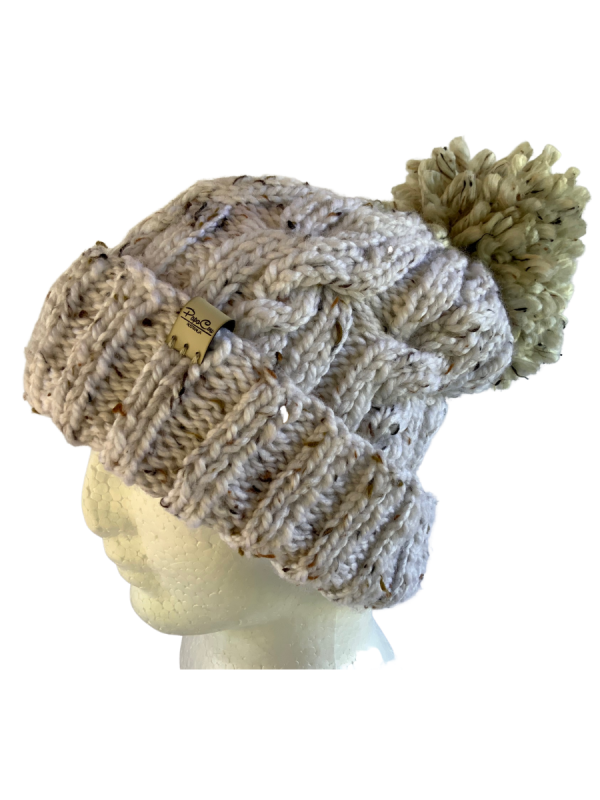 Brown Fleck Cable Beanie with Shaggy Pom Pom - Image 2