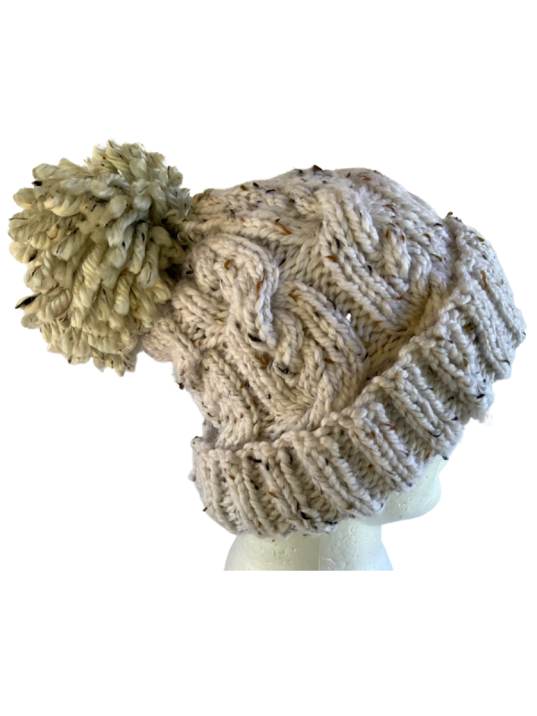 Brown Fleck Cable Beanie with Shaggy Pom Pom