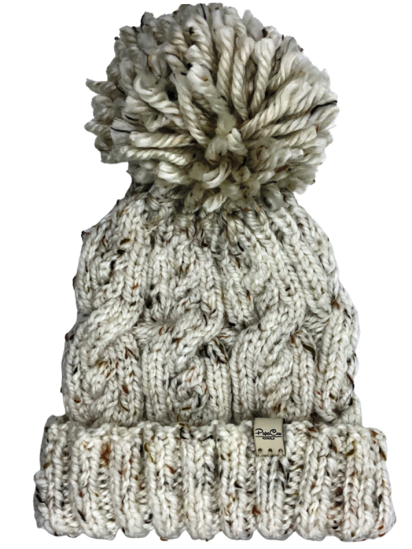 Brown Fleck Cable Beanie with Shaggy Pom Pom - Image 3