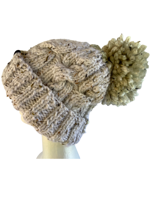 Brown Fleck Cable Beanie with Shaggy Pom Pom - Image 4