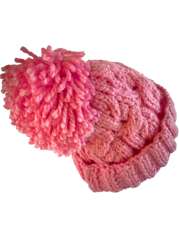 Pink Cable Beanie with Shaggy Pom Pom - Image 2