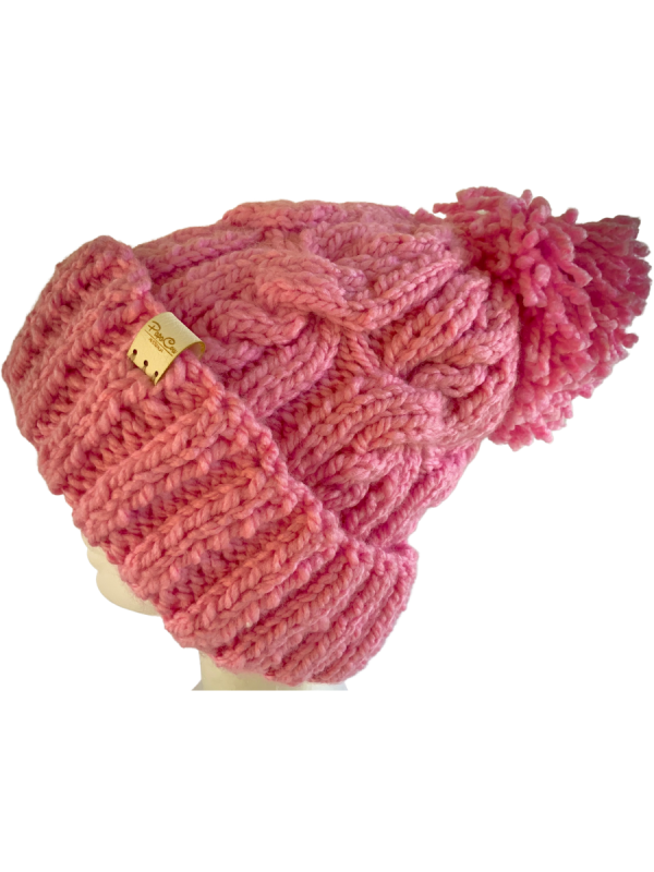 Pink Cable Beanie with Shaggy Pom Pom - Image 3