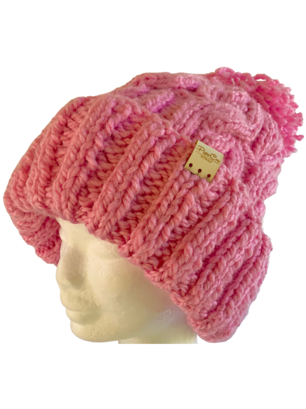 Pink Cable Beanie with Shaggy Pom Pom