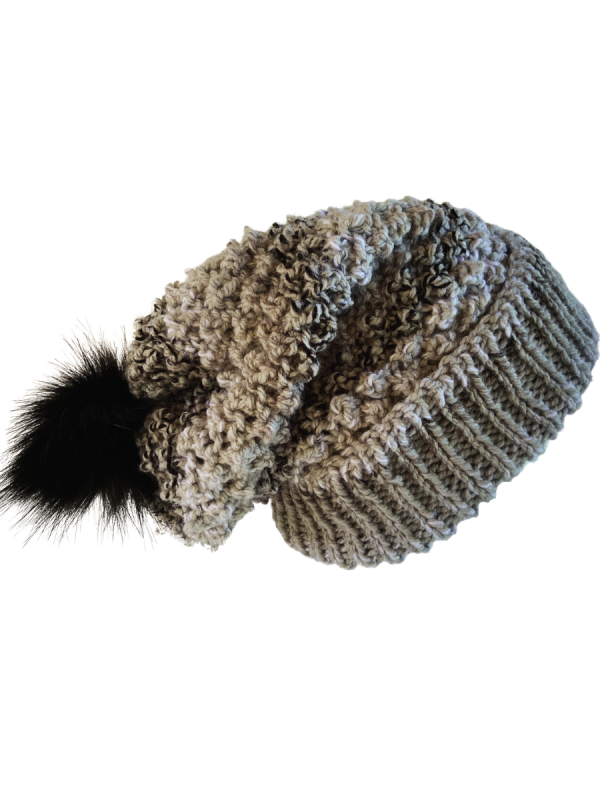 Grey Black Slouchy Pom Pom Beanie