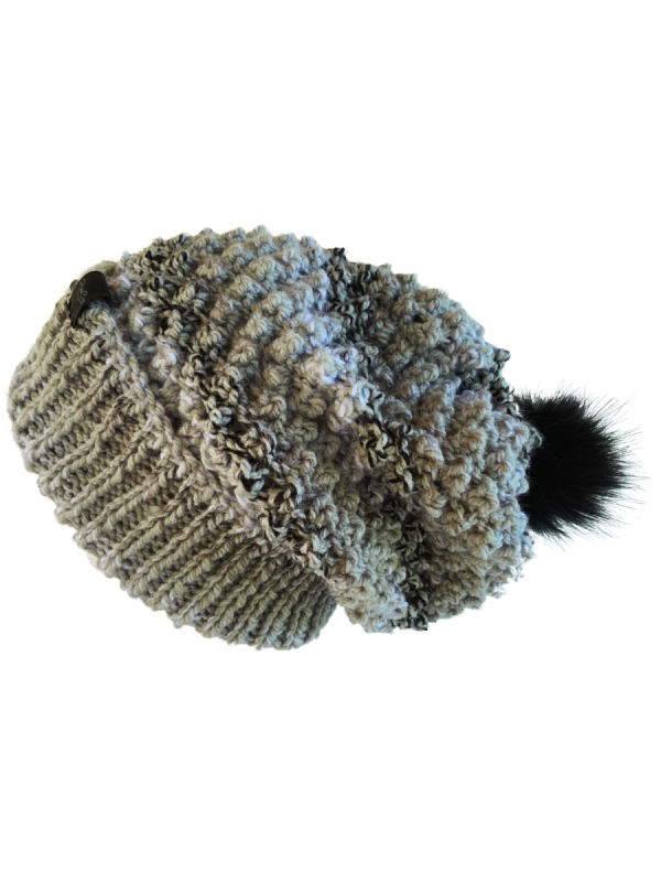 Grey Black Slouchy Pom Pom Beanie - Image 2