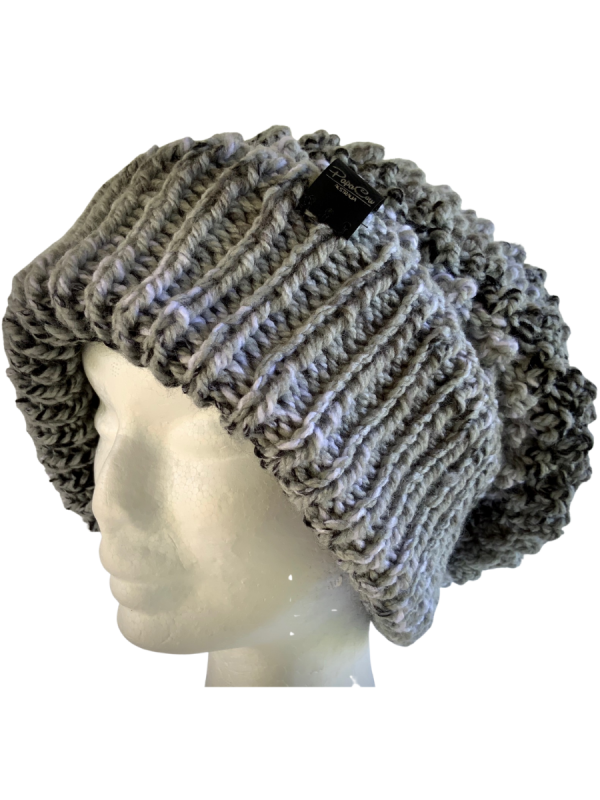 Grey Black Slouchy Pom Pom Beanie - Image 3