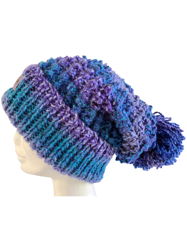 Blue Purple Slouchy Pom Pom Beanie - Image 2