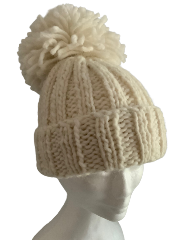 Cream Pom Pom Ribbed Beanie - Image 2