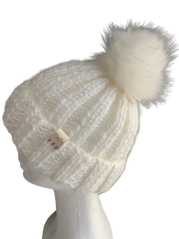 Snow White Pom Pom Ribbed Beanie - Image 5