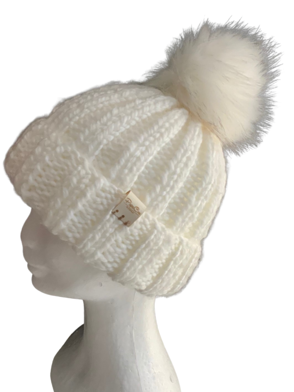 Snow White Pom Pom Ribbed Beanie - Image 2