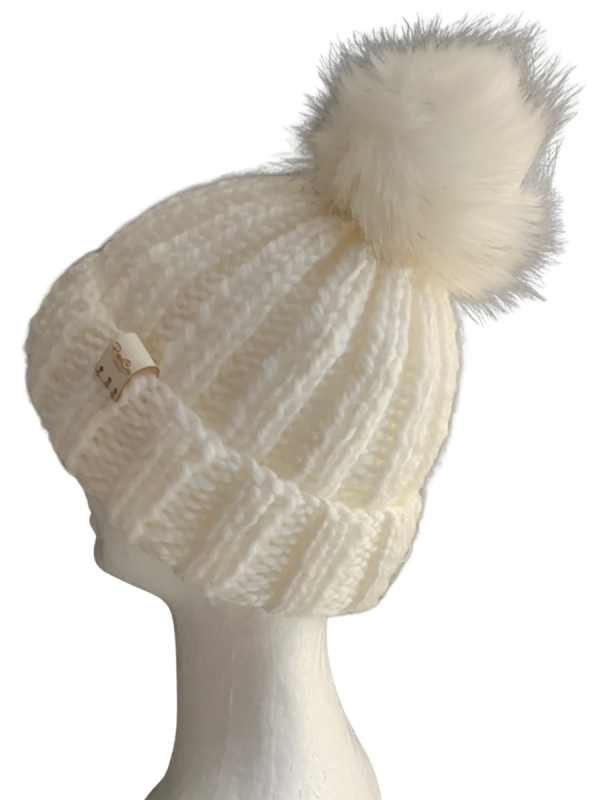 Snow White Pom Pom Ribbed Beanie - Image 3