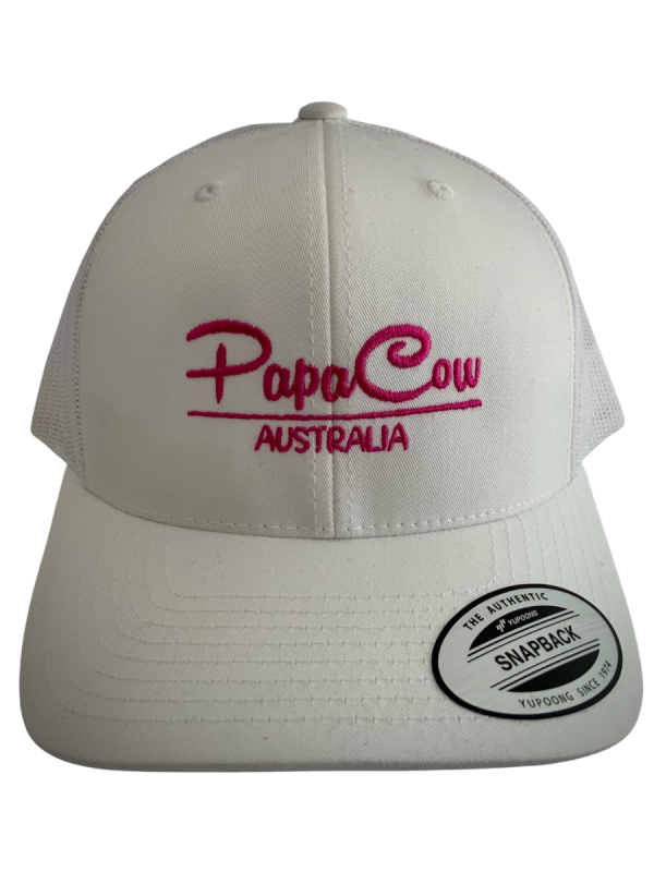YUPOONG Classic Retro Trucker Cap - White, Pink Embroidery