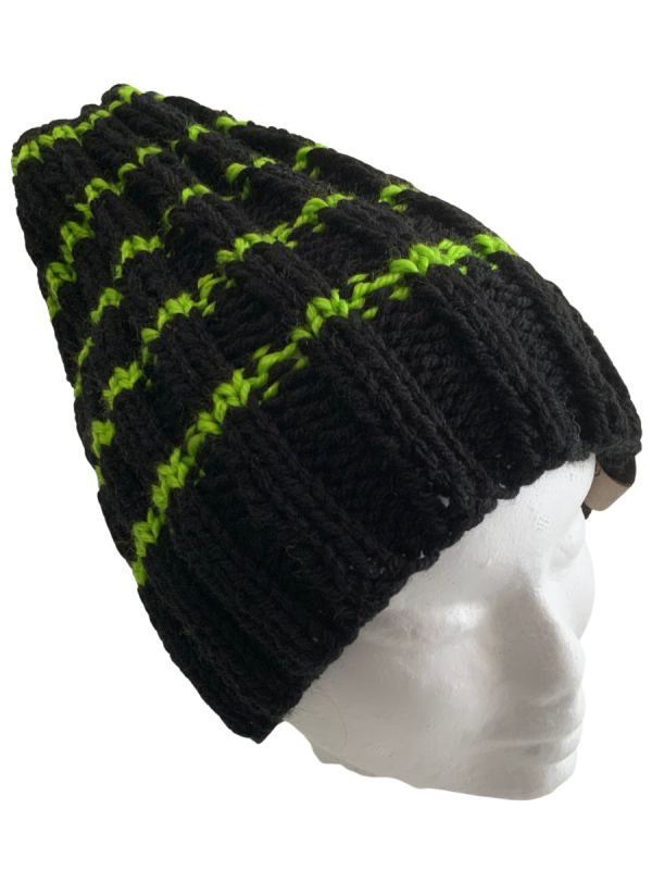 Green Striped Black Rib Beanie - Image 3