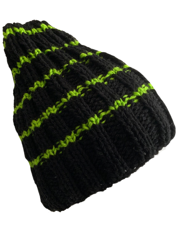Green Striped Black Rib Beanie