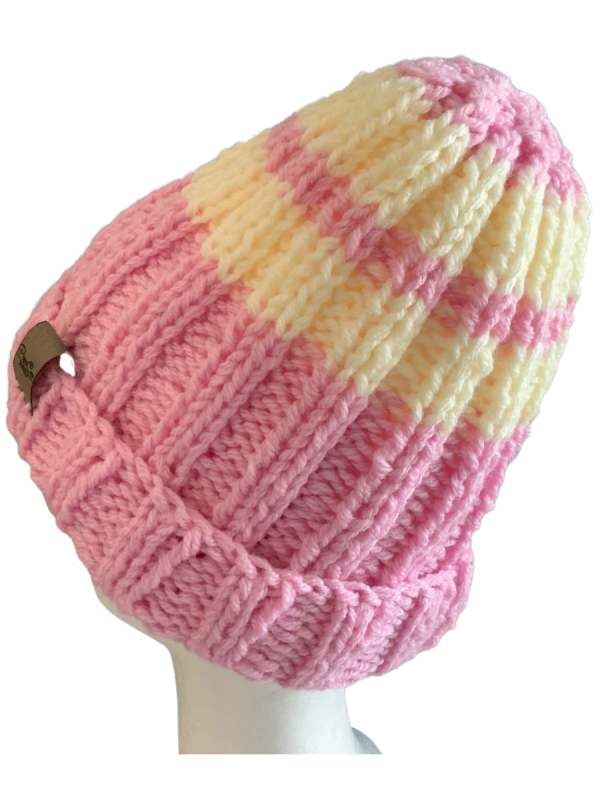 Flamingo Pink & Cream Rib Beanie - Image 4