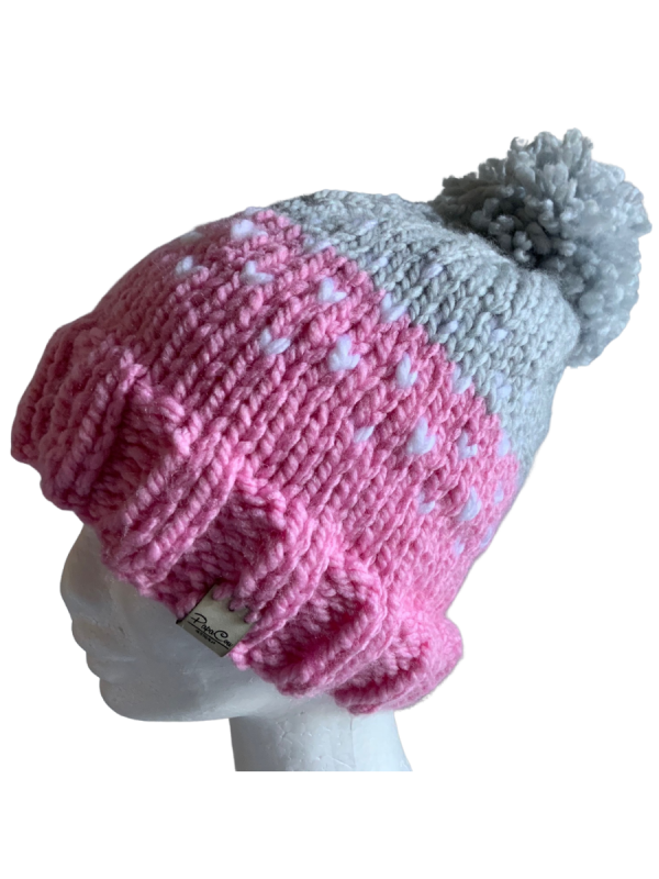 Soft Dove Pink Grey Lovin' Hearts Beanie - Image 4