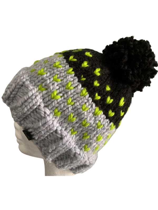 Soft Dove Grey, Black & Green Lovin' Hearts Beanie - Image 2