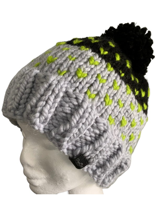 Soft Dove Grey, Black & Green Lovin' Hearts Beanie