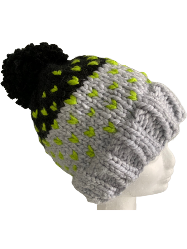 Soft Dove Grey, Black & Green Lovin' Hearts Beanie - Image 3