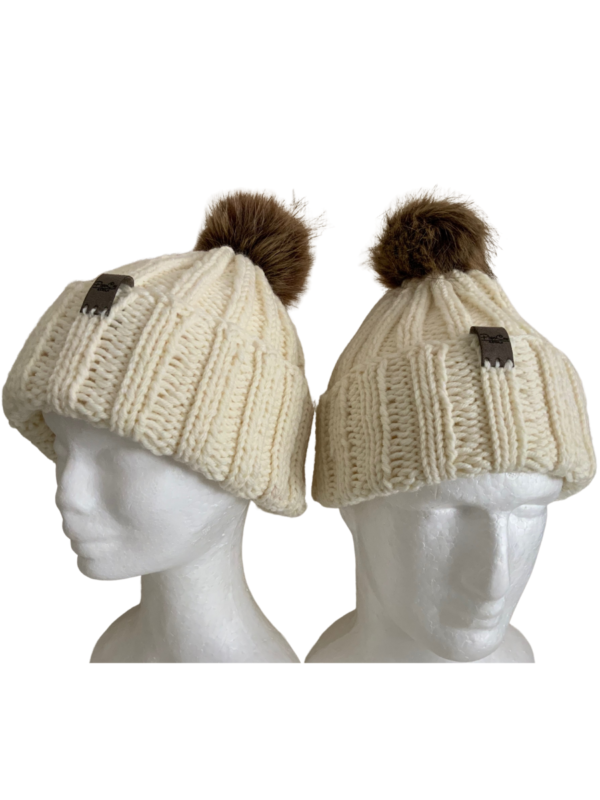 Double Deluxe Cream Beanie with Dark Smoky Brown Pom Pom - Image 2