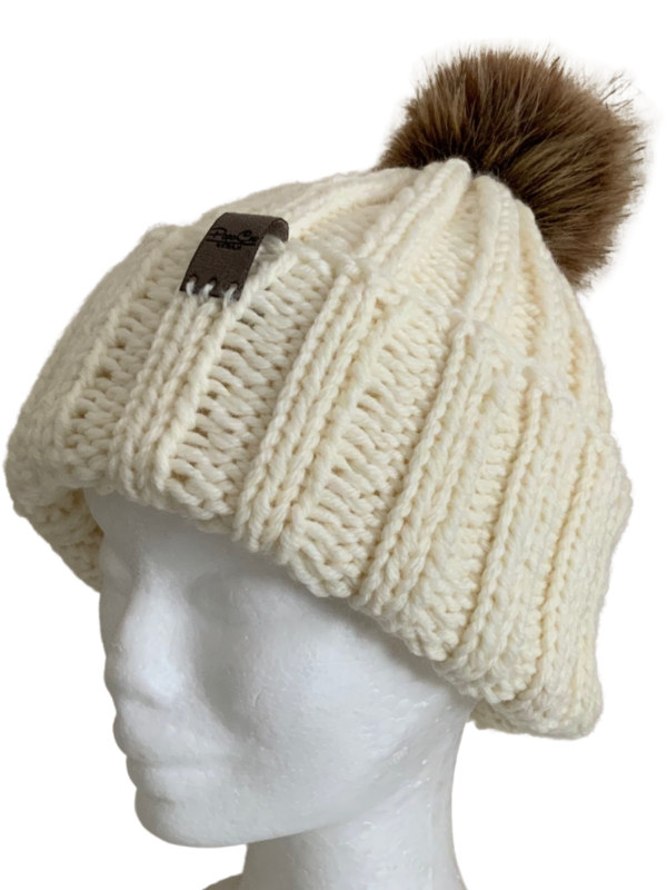 Double Deluxe Cream Beanie with Dark Smoky Brown Pom Pom