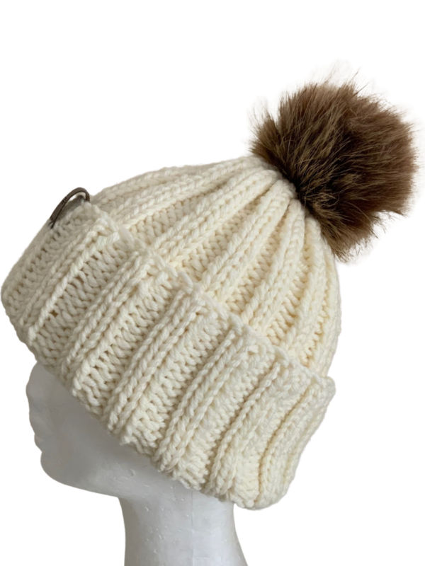 Double Deluxe Cream Beanie with Dark Smoky Brown Pom Pom - Image 3
