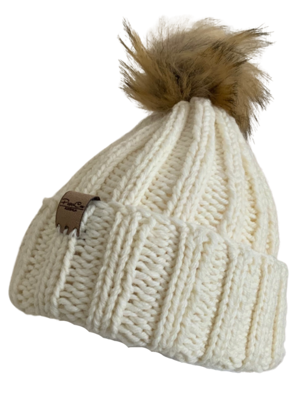 Double Deluxe Cream Beanie with Faux Fur Pom Pom