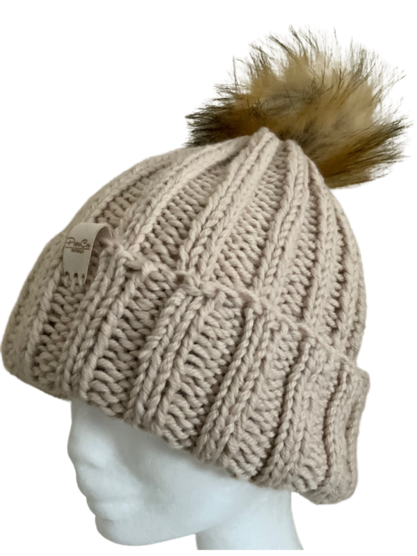 Double Deluxe Ecru Beanie with Faux Fur Pom Pom - Image 2