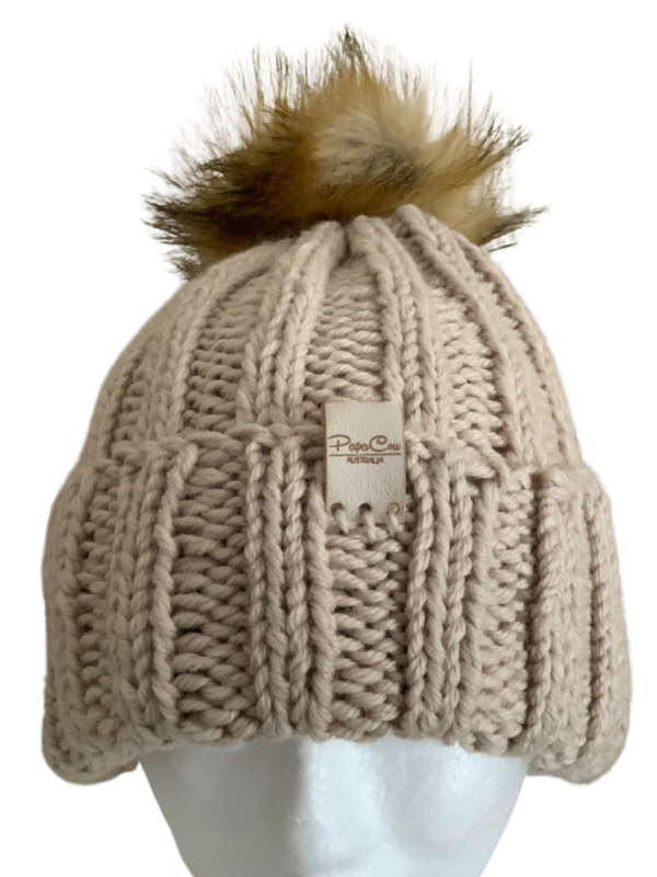 Double Deluxe Ecru Beanie with Faux Fur Pom Pom