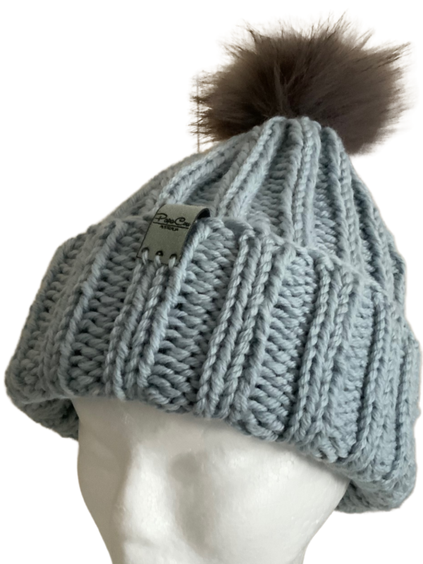 Double Deluxe Light Blue Beanie with Pom Pom